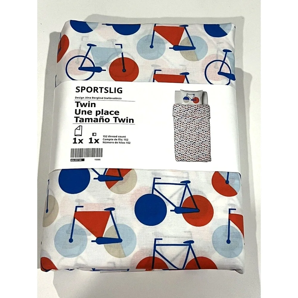 Ikea Sportslig Twin Duvet Cover + 1 Pillowcase Bicycle Pattern White Blue Orange